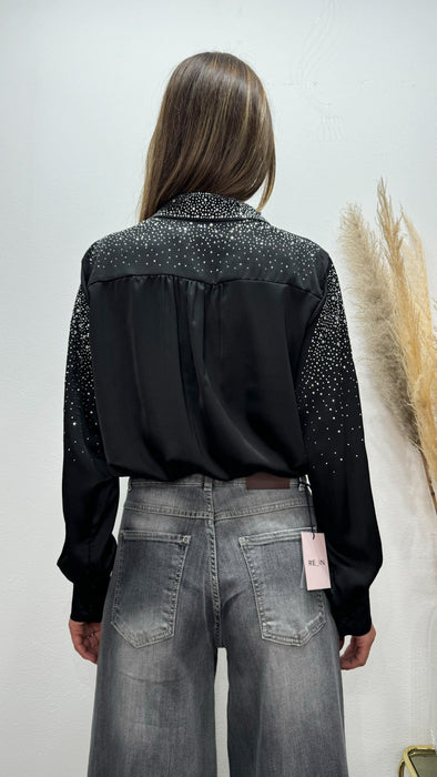 Camicia Nera in Satin con Strass